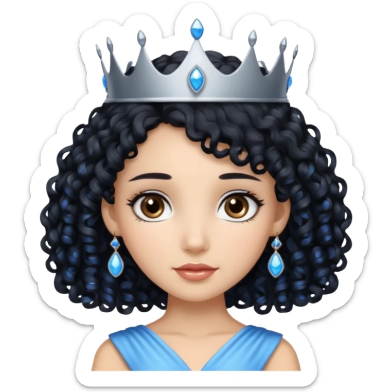 Por favor hazme el emoji de la princesa pero con el pelo negro y rizado, los ojos marrones y la corona plateada con jollas azules sticker