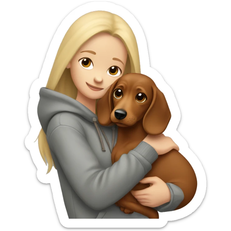 long blonde hair girl dressed in grey hoodie holds and hugs a brown dachschund  sticker