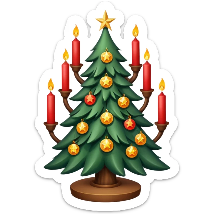 Christmas tree with candles all over the tree and a pentagram on top of the tree sticker