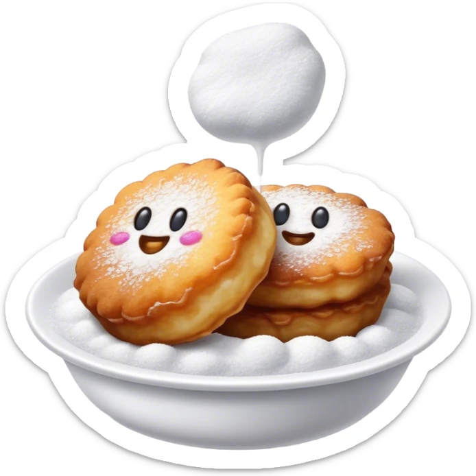 Buñuelo Cinematic Realistic Buñuelo Dessert Emoji, depicted as perfectly round, fluffy fritters served in a small bowl with a dusting of powdered sugar, rendered with vibrant textures and warm, inviting lighting. sticker