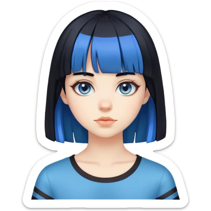 Pale girl, black hair with bangs, and two strips of blue hair sticker