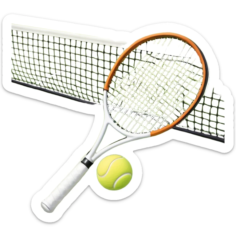 A tennis racket and ball positioned on a grass court, with the net and lines clearly visible in the background. The scene emphasizes the classic elements of the sport, capturing the energy and precision of a tennis match. sticker