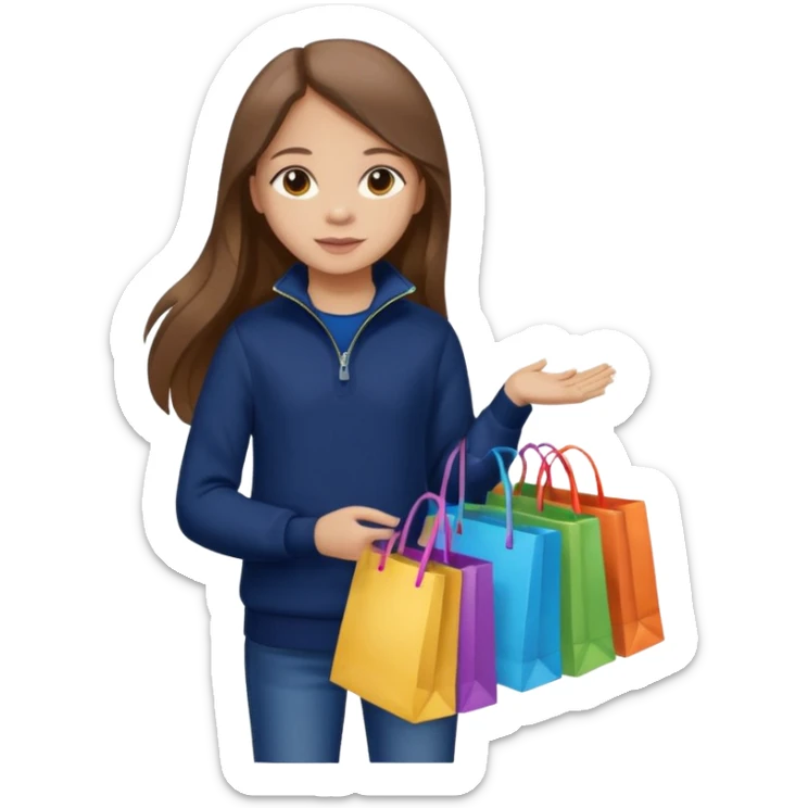 A little girl (he usually calls her baby), who is obsessed with shopping and luxury brands and holds a dozen of bags, she wears navy blue half zip sweater and holds 10 bags and she has long brown hair  sticker