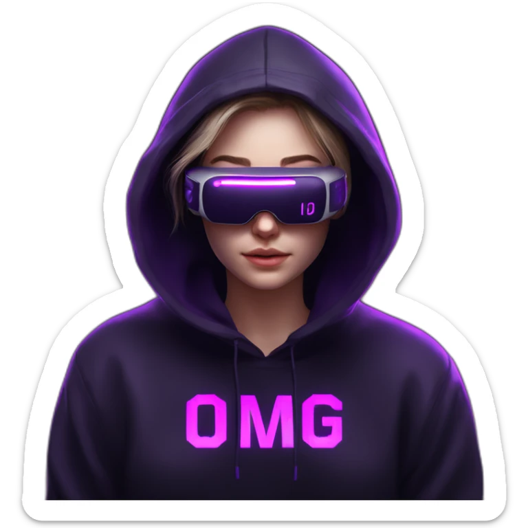 Russian student in the black hoody with violet letters "OMG VR" on it wearing vr headset. Cyberpunk style. Violet neon. sticker