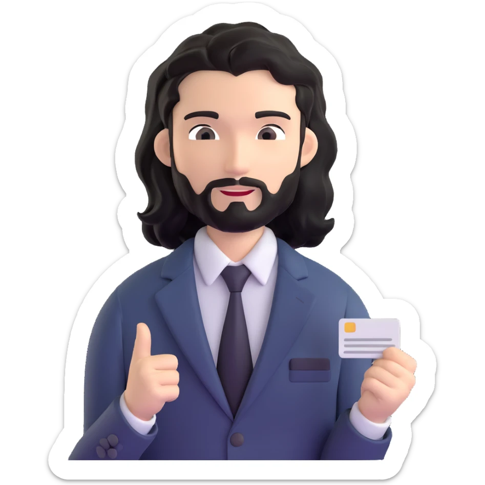 Business strategist with black wavy hair, stubble, chiseled face, wearing blazer and button-up shirt, engaged in conversation at a networking event, holding business card, surrounded by other professionals, social business setting sticker