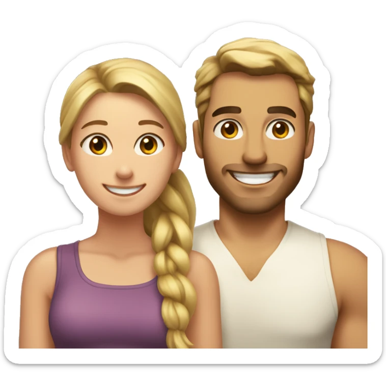 Woman and man smiling, woman has straight brown hair in a ponytail, slightly sunkissed skin, man has blonde long hair which are in a ponytail, slightly sunkissed skin sticker