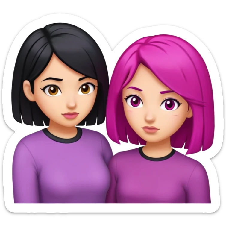 two medium skin girls bumping head one black hair one magenta hair sticker