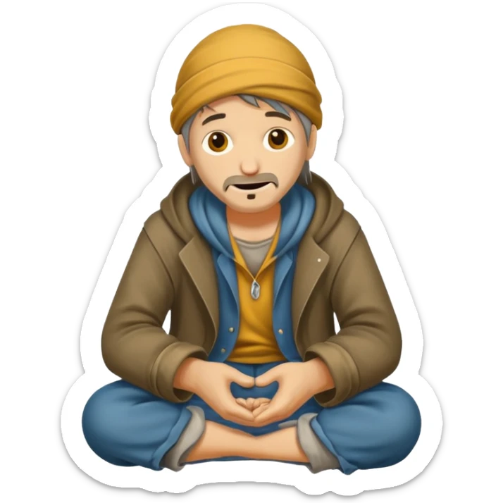 beggar who is also a homeless person poor with damaged clothing but happy face sticker