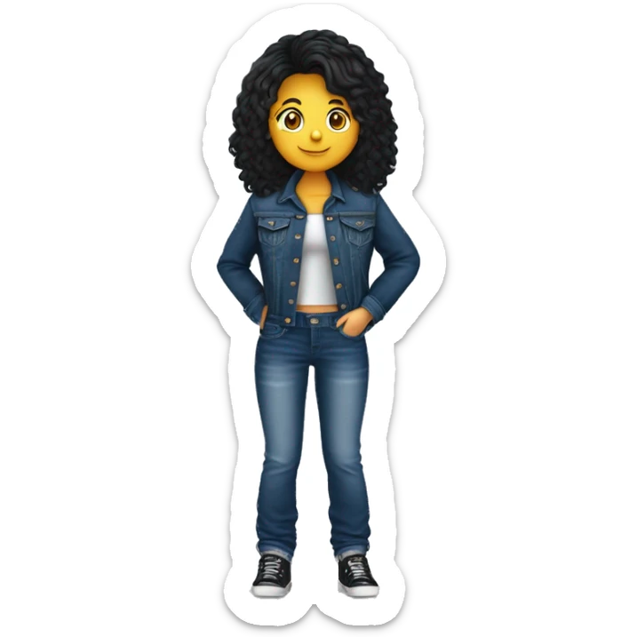 Boneca de Menina gordinha de calça de jeans preta e blusa preta, jaqueta jeans de cabelo cacheado curto segurando câmera  sticker