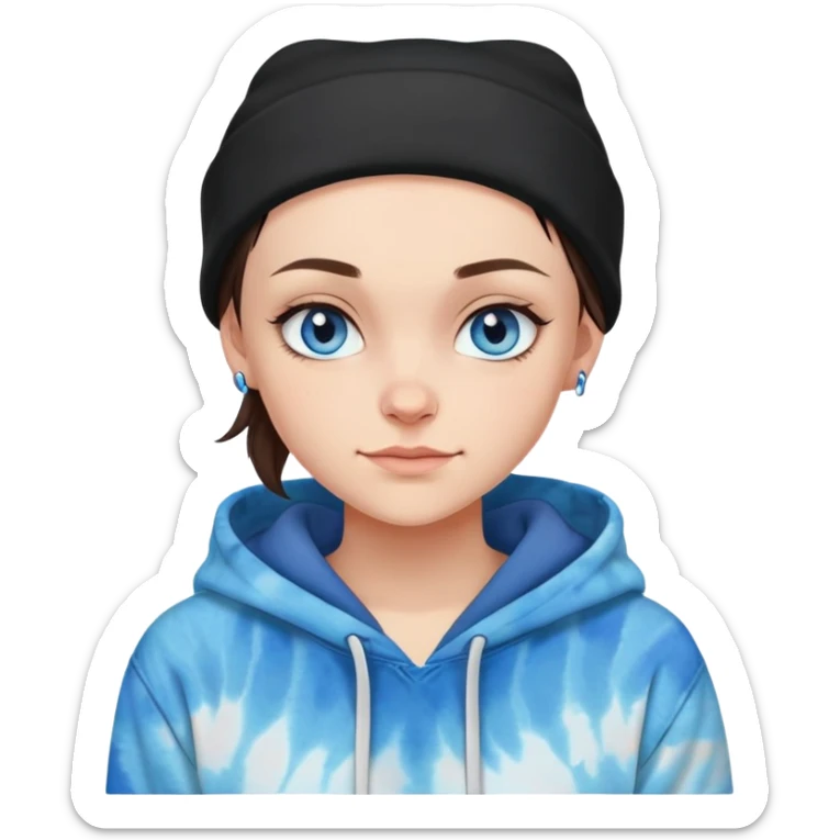 shaved haired brunette girl with a black beanie on and a tiedye hoodie. she has blue eyes and is smirking sticker