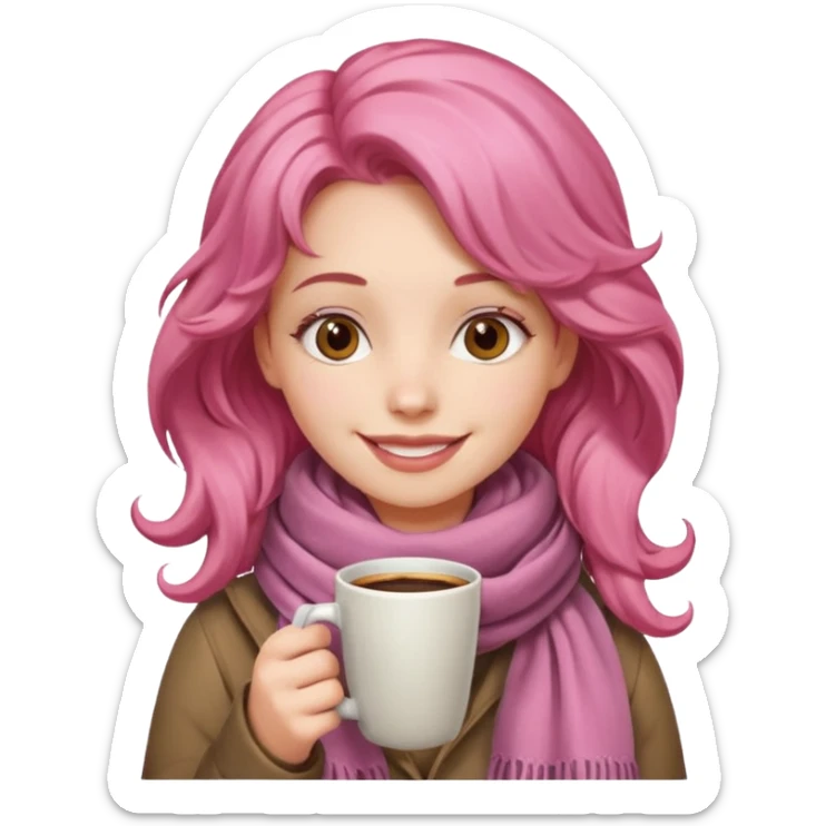a girl with pink wavy hair, having scarf,  drink coffee, enjoy sticker