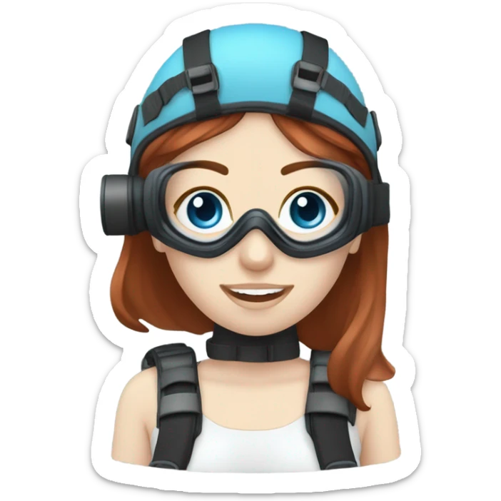 A young woman with red/ brown hair, blue eyes and pale skin with a scuba diving regulator in her mouth and a light blue scuba diving mask on  sticker