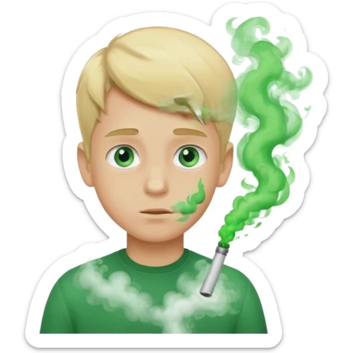 boy with green smoke due to the unpleasant smell on his body, blond and blue eyes. sticker