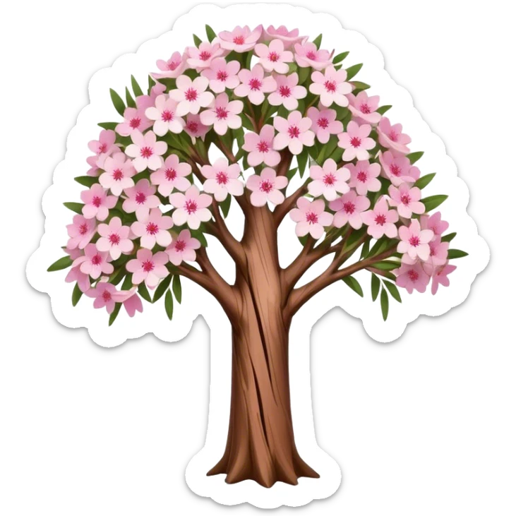 Cinematic Realistic Melaleuca Emoji, Elegant and resilient, with peeling, papery bark and delicate, needle-like leaves. The tree stands tall and graceful, with clusters of white and pink flowers dotting the branches. Soft glowing outline, capturing the essence of natural elegance and resilience in a beautiful melaleuca tree! sticker