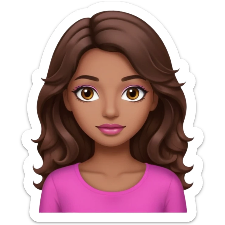 gorgeous woman, light brown skin, dark brown eyes, long wavy brown hair, pink top, clear lipgloss, mascara  sticker