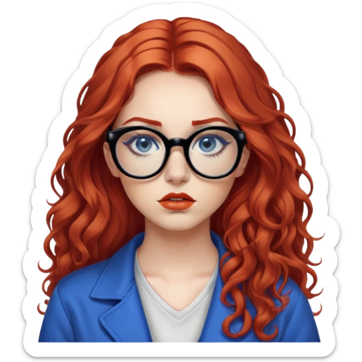 Nữ 25 tuổi, da trắng, tóc dài xoăn nhẹ màu đỏ, gọng kính màu đen, mắt kính màu xanh dương , mặt nghiêm túc, lông mi dài, trang điểm khá đậm, áo phong cách hiphop sticker