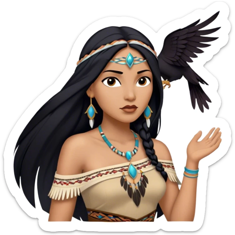 Cinematic Realistic Pocahontas Portrait, depicted with lifelike skin texture, soft natural lighting, and intricately detailed long, flowing raven-black hair that moves gracefully in the wind. Her deep, soulful dark brown eyes exude wisdom and strength, complemented by a serene yet powerful expression. She is dressed in her classic one-shoulder native american dress, with rich fabric textures and delicate beaded details that catch the light beautifully. The portrait features a soft, sun-kissed glow with a natural, radiant finish, capturing the essence of untamed beauty and deep connection to nature in a realistic and painterly style, evoking a sense of depth and authenticity. sticker