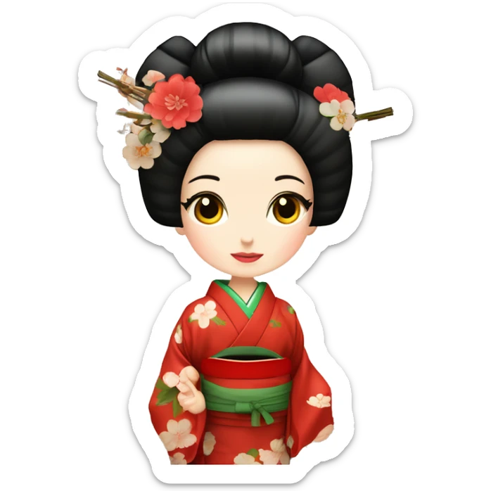 Geisha con kimono rojo y ojos verdes haciendo ceremonia del té en casa tradicional japonesa  sticker