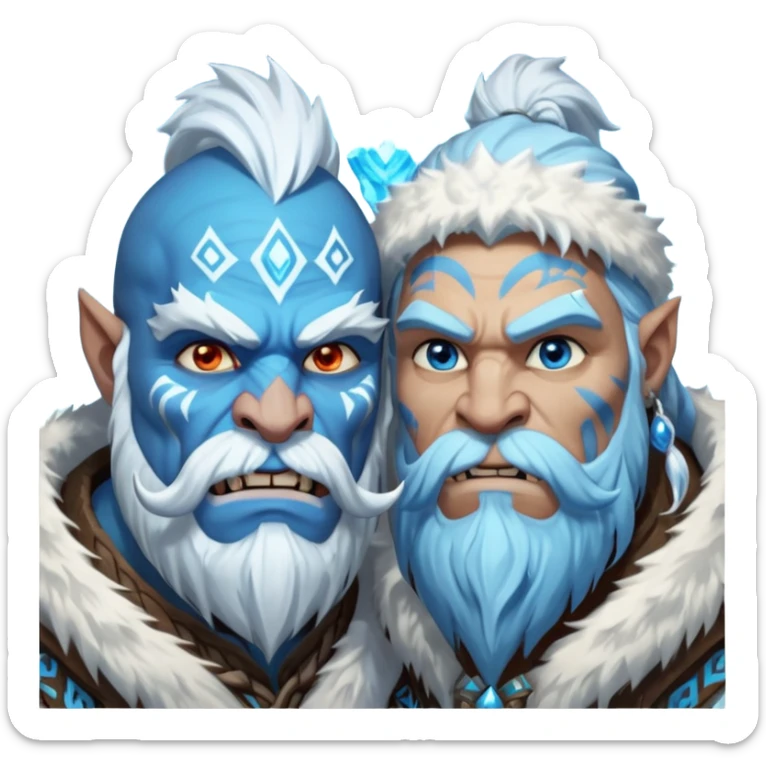 Legendary fantasy orc Christmas portrait icon, Frostfather and Snow Maiden inspired, primal winter god style, massive icy beard, glowing blue eyes, heavy fur coat, tribal frost runes, powerful brutal presence, blizzard atmosphere, clean stylized emoji icon, male/female variant
 sticker