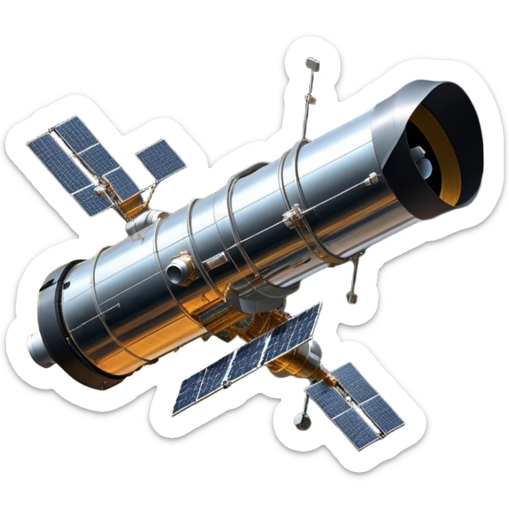 cinematic-realistic-hubble-space-telescope-emoji, an awe-inspiring, ultra-detailed depiction of the Hubble Space Telescope floating in space, its large, reflective metallic surface gleaming against the backdrop of the infinite blackness. The telescope's vast solar panels extend outwards, catching the light from distant stars, while its intricate, cylindrical body showcases advanced, precise engineering. The telescope's large, hexagonal lens is pointed towards the cosmos, surrounded by mechanical components, wires, and sensors. The detailed textures of the telescope’s metallic exterior, the shiny reflective coating, and the intricate grid-like solar panels are sharply contrasted against the void of space, with distant stars and nebulae faintly visible in the background, adding to the sense of scale and te sticker