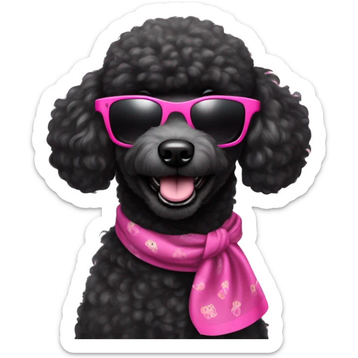 BLACK poodle wearing pink sunglasses with a big smile. Also with a bandanna around its neck. Dog needs to be all black sticker