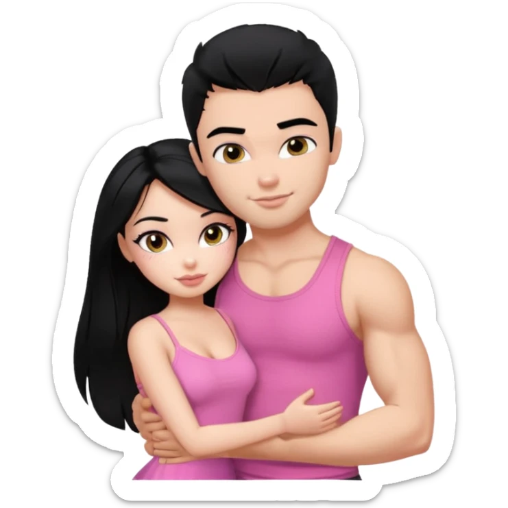 a pretty bratz fair girl. black hair, wearing a pink cami top, she is hugging a handsome fair guy with black hair. lean but muscular.the boy is wearing a black tshirt sticker