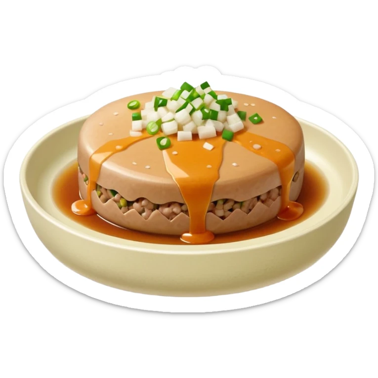Emoji of a Chinese steamed pork patty in a small dish, topped with chopped scallions, soft texture, minimal style. sticker