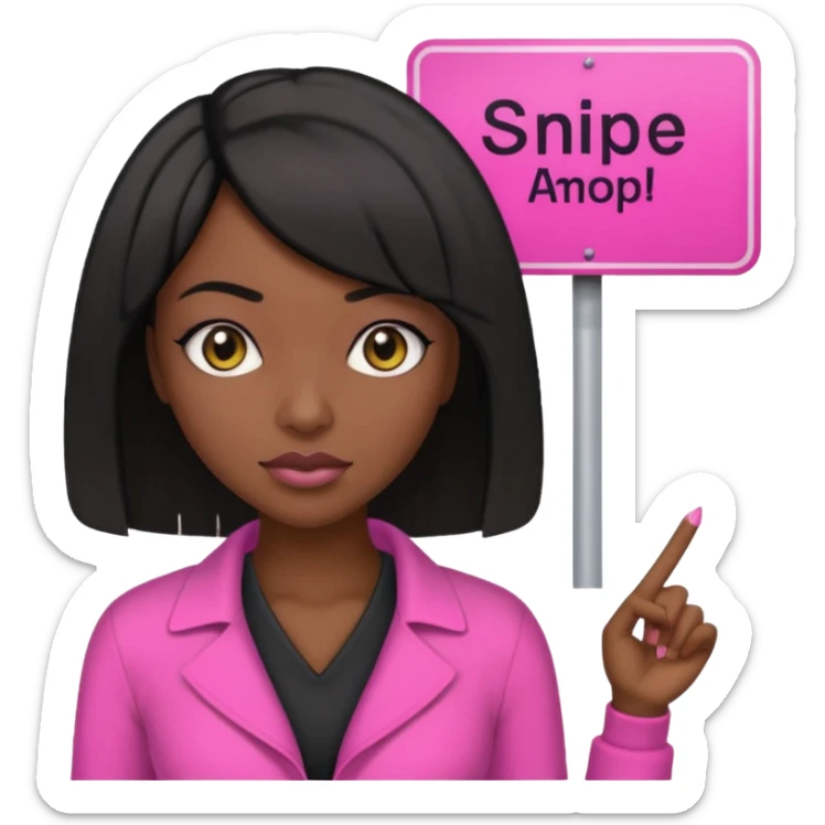 Dark skin woman with black bob in hair holding sign that says snipe  wearing pink outfit  sticker