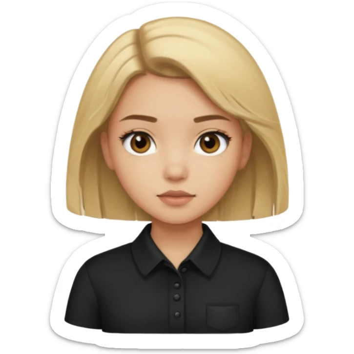 Light skinned girl with dirty blonde hair and deep brown eyes and a black square collared shirt sticker
