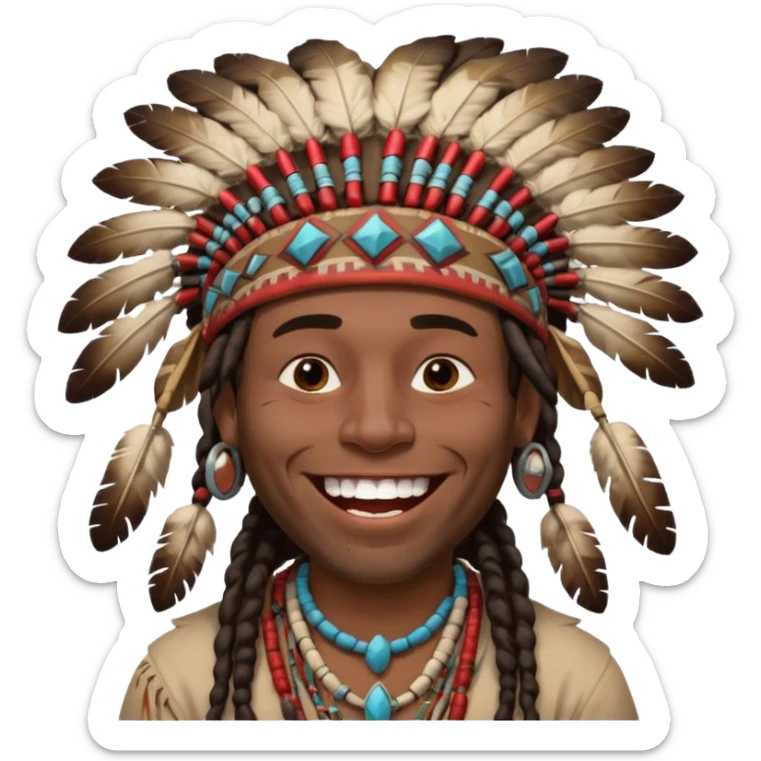 Black American man dark brown with dreads with a American Indian headdress with a laughing face sticker