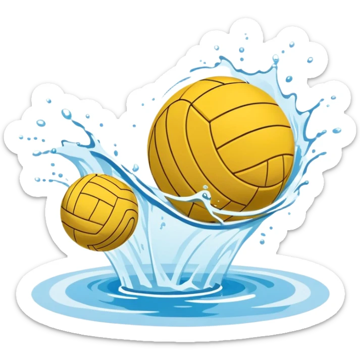 An icon featuring a yellow water polo ball floating on the water with goals in the background, inside a swimming pool. The design includes splashes and ripples, symbolizing the fast-paced action and strategy of water polo. Transparent background highlights. sticker