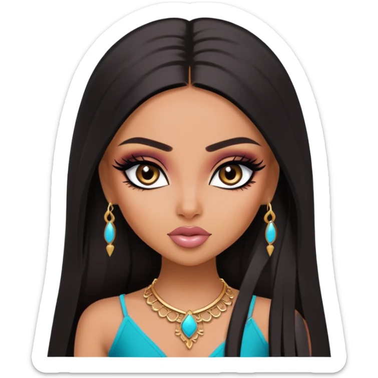 pretty bratz baddie, medium skin, dark long straight hair, arabian face, pretty eyeliner makeup sticker