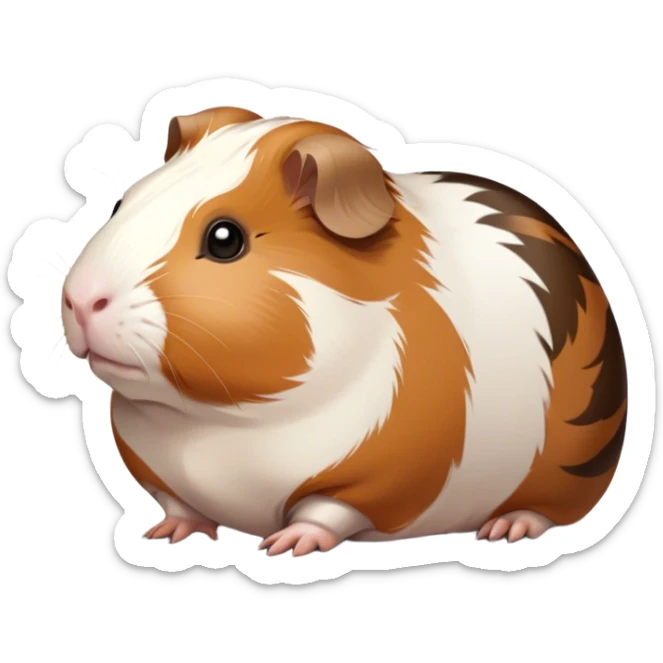 Cinematic Noble Brown and White Banded Guinea Pig Portrait Emoji, Poised and regal, with a compact, chubby build and a uniquely patterned coat of warm brown and crisp white banding, deep-set soulful dark eyes, Simplified yet sharp and sophisticated features, highly detailed, glowing with a soft, dignified glow, high shine, intelligent and charming, stylized with an air of distinctive elegance, focused and attentive, soft glowing outline, capturing the essence of a watchful and confident companion, so majestic it feels as though it could scurry out of the screen with effortless authority! sticker