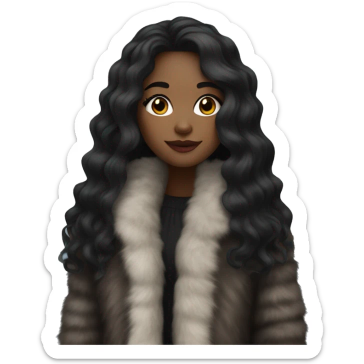 Pretty black girl in a fur coat with long wavy black hair sticker