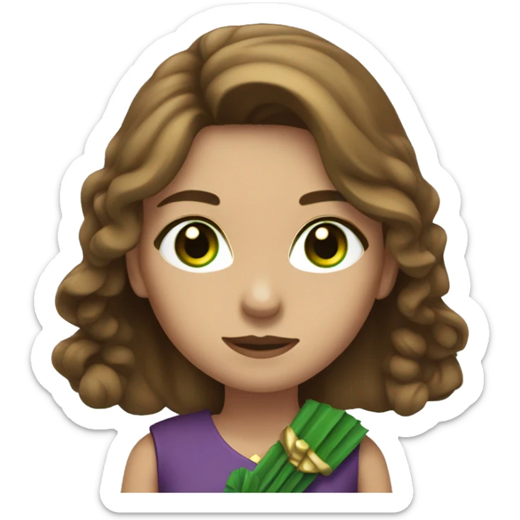 Woman with green eyes, brown long hair, dressed in dress, holding shooting bow sticker