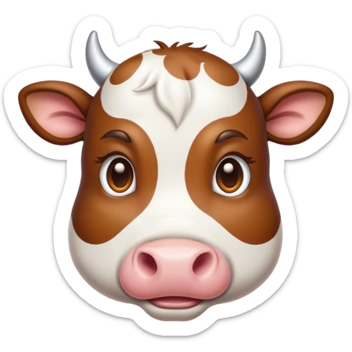 Cinematic Cute Brown and White Cow Portrait Emoji, Head tilted playfully and inquisitively, featuring a glossy, richly patterned hide of brown with striking white patches, round, sparkling brown eyes filled with gentle curiosity, Simplified yet irresistibly adorable features, highly detailed, glowing with a warm, friendly glow, high shine, affectionate and serene, stylized with a touch of country charm, bright and endearing, soft glowing outline, capturing the essence of a mischievous yet loving cow, so playful it feels like it could moo out of the screen and into your arms! sticker
