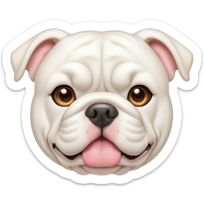 Cinematic Cute White English Bulldog Portrait Emoji, Head tilted playfully and inquisitively, featuring a silky pure white coat with a gentle sheen, round, sparkling brown eyes filled with curiosity, Simplified yet irresistibly adorable features, highly detailed, glowing with a warm, friendly glow, high shine, affectionate and charming, stylized with a touch of whimsy, bright and endearing, soft glowing outline, capturing the essence of a mischievous yet loving companion, so playful it feels like it could bound out of the screen and into your arms! sticker