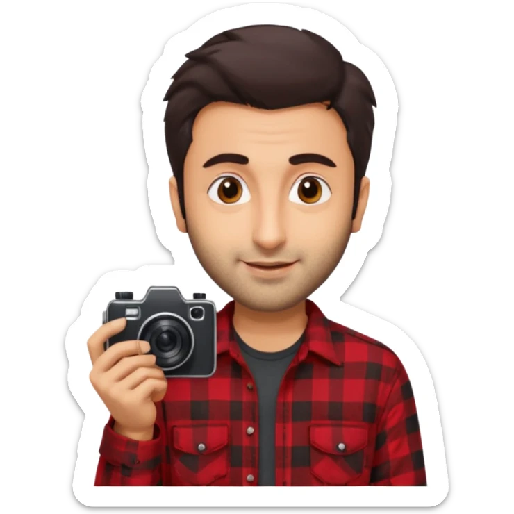 generate a pretty bratz emoji 
Make her look like Ranbir kapoor wearing a red flannel shirt, smirking and carrying a camera

he should look exactly  like ranbir kapoor!  sticker