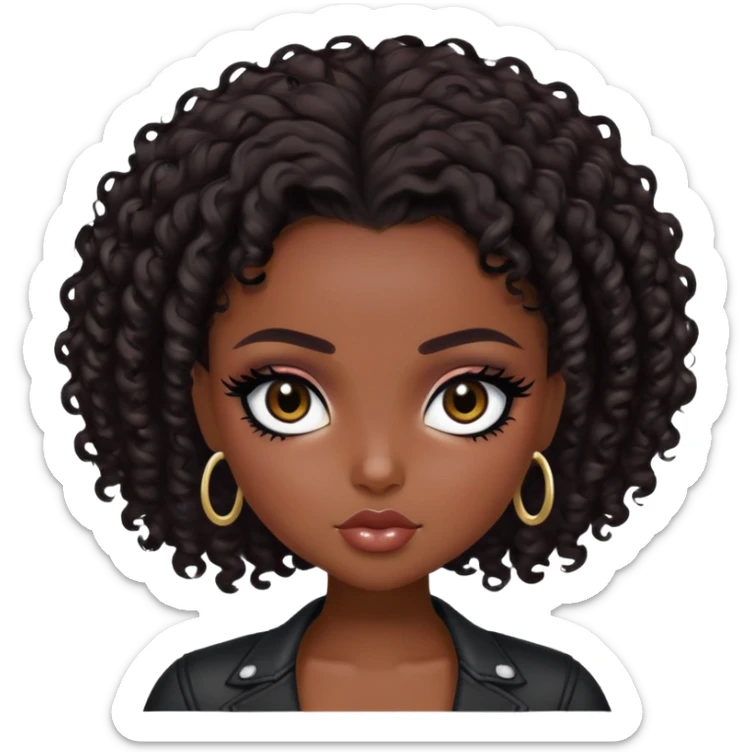  short curly dark hair, dark skin skin, dark brown eyes, pretty bratz baddie, black eyeliner sticker