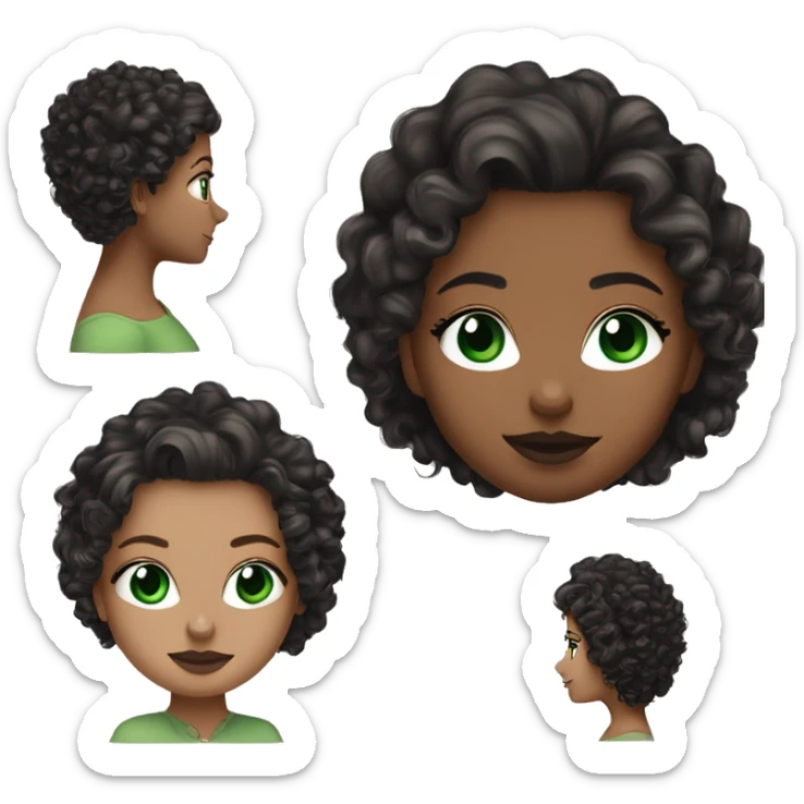white girl, green eyes, BLACk long curly/wavy hair, earrings, green v-neck top, mascara mauve lipstick sticker