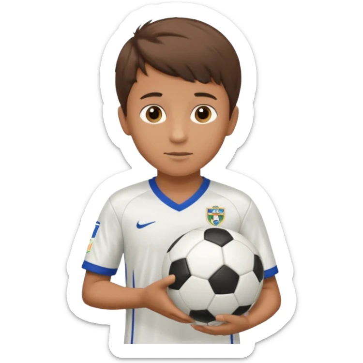 a boy having a soccer ball next to his hand wearing a soccer jersey
 sticker