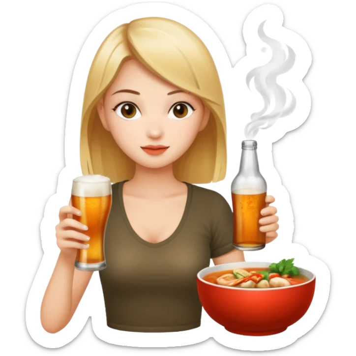 a young woman full length wathing series with a bottle of beer and tom yum  sticker