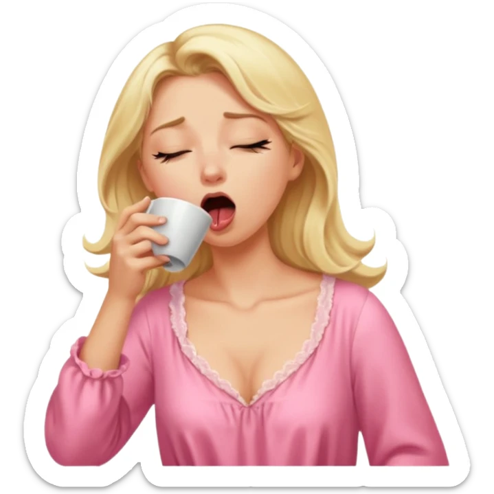 A blonde woman in a pink nightgown yawns, looking sleepy with dark circles under her eyes, drinking coffee, looking like she just woke up. sticker