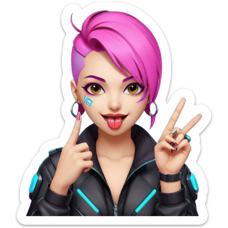 Woman with her tongue out in cyberpunk clothing and giving the middle finger. Looking naughty. sticker