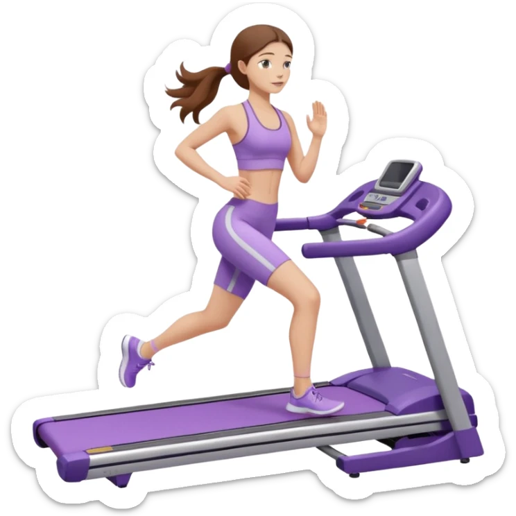 girl with long brown hair on treadmill wearing light purple yoga set sticker