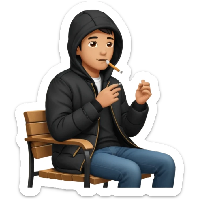 A man sitting on a chair, wearing a black puffed coat with hood, hands in his pocket, smoking a cigaret, he is on a chair, the chair is an outside coffe terrasse chair sticker