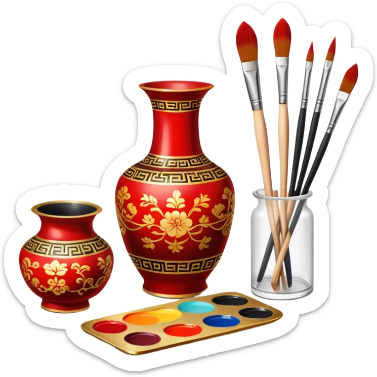 Chinese metal painting icon, delicate Chinese patterns painted on a metal vase, visible fine paintbrush, paint pots, and accessories like porcelain palette and cloth, vibrant colors like red, gold, and black, minimalistic style, clean lines, transparent background. sticker