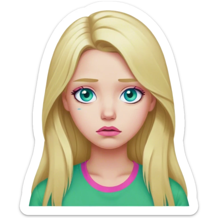Cinematic realistic blonde with long hair, blue eyes and pink lips, wearing a green T-shirt, sad sticker