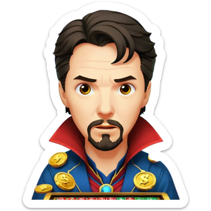 disheveled Doctor Strange losing money at a slot machine, panicked face, coins flying sticker