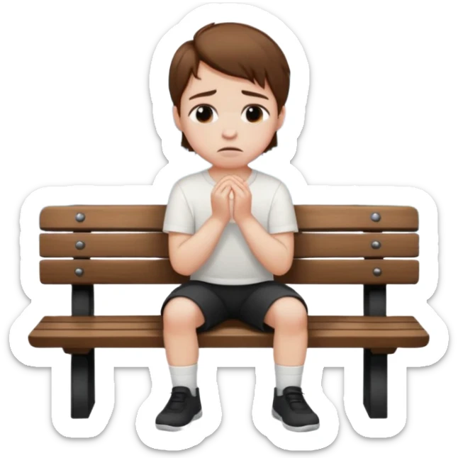boy with brown hair black short and a white shirt sitting sobbing by himself on a bench with a lake in the back  sticker